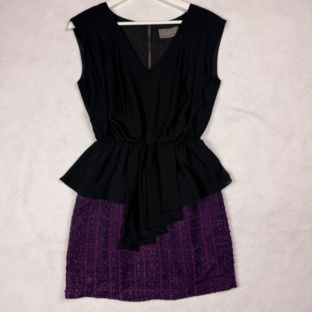Sunday in Brooklyn Black Peplum Dress Purple Tweed Skirt Sheath Sz M Sleeveless